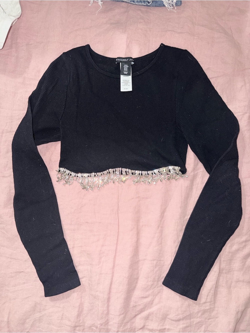 Sincerly Jules Black Cropped Long-Sleeve Top with Crystal Fringe